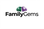 The FamilyGems logo centered on a light off-white background, featuring two faceted gem shapes in green and purple above the black brand name.